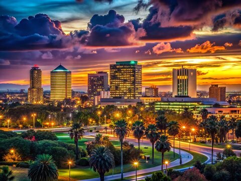 Anaheim California City Skyline Silhouette at Night - Dramatic Cityscape Stock Photo