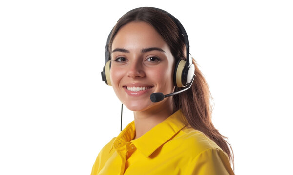 Smiling customer service representative wearing a headset in a bright yellow shirt