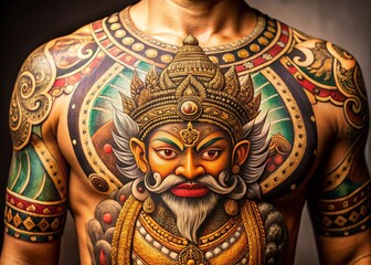 Fototapeta premium Ancient Thai Kaoyod Tattoo: Warrior Protection Symbol - Stock Photo