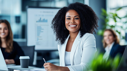 Confident Black, African American Businesswoman Leading Meeting in Conference Room, Team Discussion with Whiteboard and Charts, Networking, Professional Leadership and Strategy.