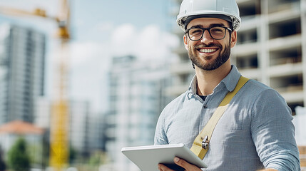 Young Male Architect or Construction Inspector in Safety Helmet, Holding Tablet, Overseeing Building Site Progress, Engineering and Project Management Concept.