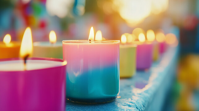 Colorful Candles in Jars Glowing Outdoors, Celebrating Spirituality and Honoring Loved Ones with Peaceful Candlelight Vigil, Votive Candle on All Saints' Day, All Souls' Day, Day of the Dead.