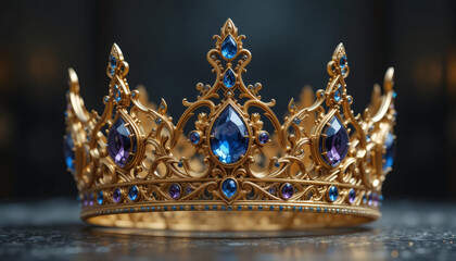 Fototapeta premium Opulent King’s Crown with Intricate Gold Filigree and Amethyst, Blue Topaz Gemstones