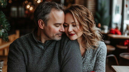Mature Couple Embracing Affectionately at a Cozy Café, Elderly Husband and Wife Sharing an Intimate and Romantic Moment.