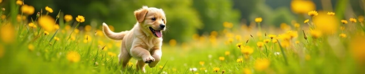Golden retriever puppy running freely in a lush meadow surrounded by tall wildflowers, animal, puppy, dog