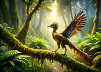 Archaeopteryx on Branch: Prehistoric Bird in Lush Prehistoric Forest