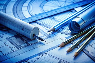 Architectural Blueprints & Drafting Tools: Design & Engineering Concept Stock Photo