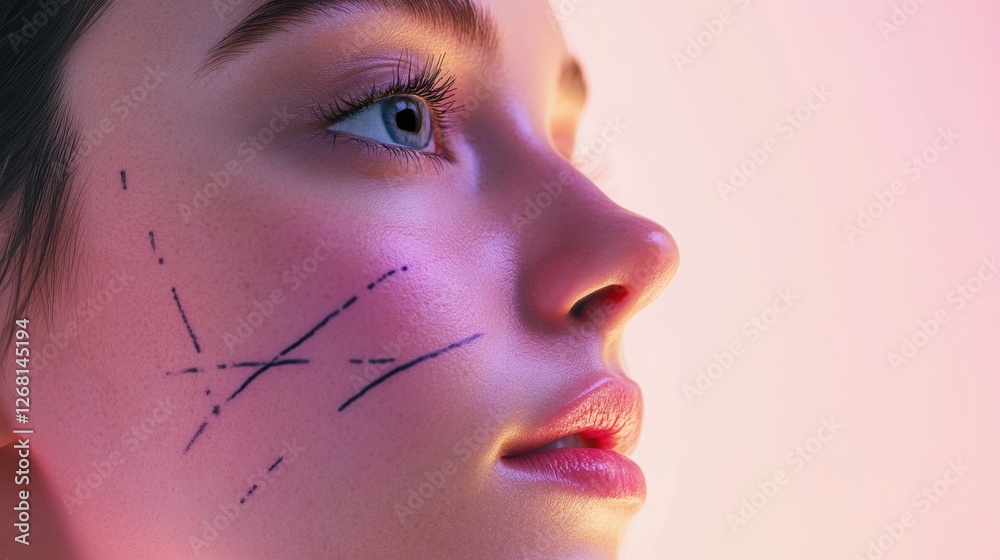Leinwandbilder young woman with markings on her face posing against a colorful background in a studio setting durin