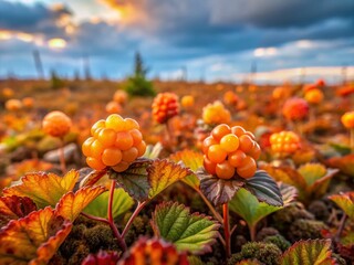 Fototapeta premium Arctic Cloudberry: Ripe Nordic Berries on Tundra Swamp Bush