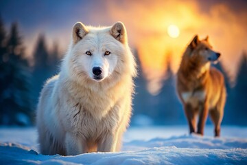Obraz premium Arctic Wolf and Brown Bear Encounter: Long Exposure Wildlife Photography