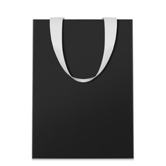 A stylish black paper shopping bag with elegant white ribbon handles, perfect for luxury packaging and branding