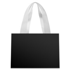 A stylish black paper shopping bag with elegant white ribbon handles, perfect for luxury packaging and branding
