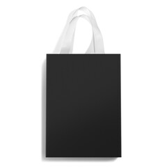 A stylish black paper shopping bag with elegant white ribbon handles, perfect for luxury packaging...