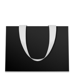 A stylish black paper shopping bag with elegant white ribbon handles, perfect for luxury packaging and branding