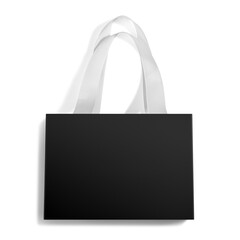 A stylish black paper shopping bag with elegant white ribbon handles, perfect for luxury packaging and branding