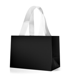 A stylish black paper shopping bag with elegant white ribbon handles, perfect for luxury packaging...
