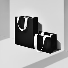 A stylish black paper shopping bag with elegant white ribbon handles, perfect for luxury packaging and branding