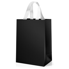 A stylish black paper shopping bag with elegant white ribbon handles, perfect for luxury packaging and branding