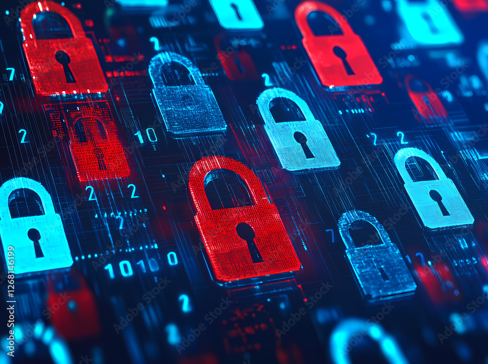 Fototapete a digital background with padlocks and numbers, a red lock in the middle of blue ones on a digital s