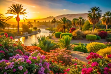Fototapeta premium Aswan Botanical Garden, Egypt: Lush Oasis with Bokeh, Blooming Flowers, and Desert Landscape