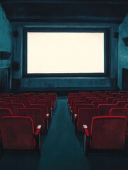 Fototapeta premium Empty cinema hall ready for screening with red chairs and large projection screen at night. Generative AI