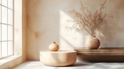 Terracotta clay product podium, handcrafted texture, warm earthy tones
