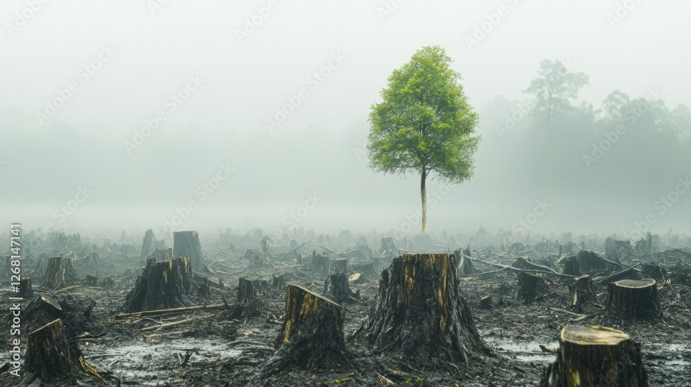 Aufkleber forest clearing showing a solitary tree in a misty landscape with stumps of cut trees around. genera