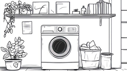 Laundry room, washer, plants, shelf, books