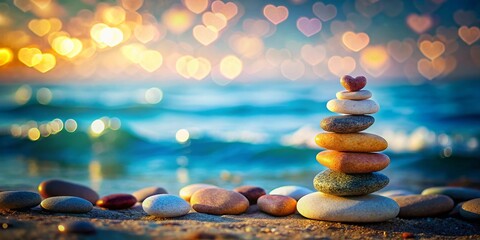 Obraz premium Balanced Zen Stones Heart Sea Background - Love & Harmony Stock Photo