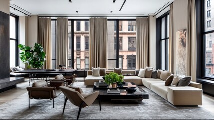 Modern living room with large windows, beige sofa, and hardwood floors.