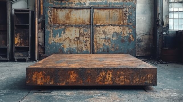 Welded iron product podium with a raw mechanical industrial vibe