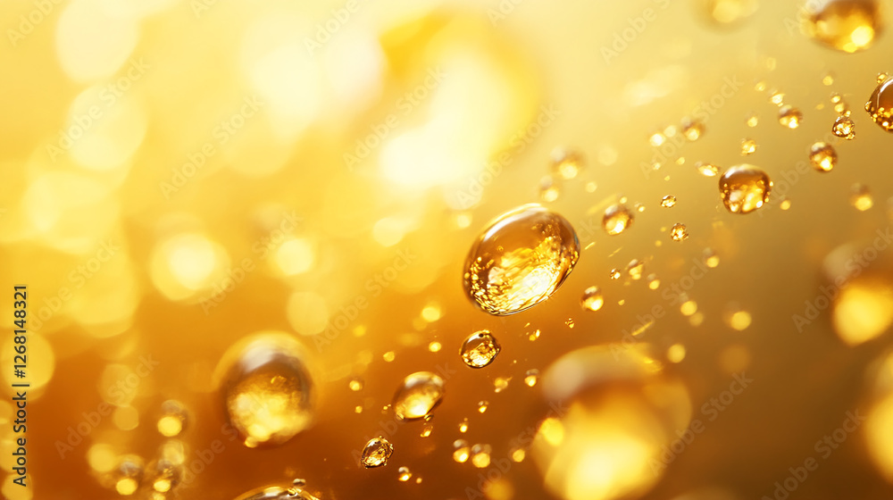 Poster Close-up of golden water droplets on a sparkling background, creating a shimmering effect with soft bokeh lights, symbolizing luxury, purity, and elegance.