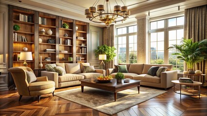 Beige Luxury Living Room Interior: Sofa, Armchairs, Coffee Table & Bookcase - 3D Render