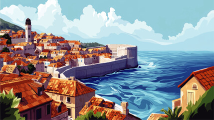 Explore Stunning Dubrovnik Cityscape Vector Image of Historic Old Town, Red Roofs, Coastal Architecture with Scenic Adriatic Sea and Blue Sky in Vibrant Colors