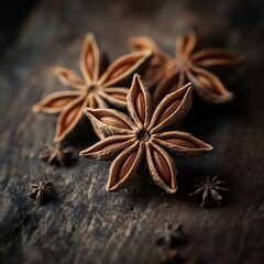 star anise positioned neatly against a rustic backdrop with a soft focus on edges