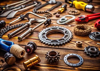 Bicycle Parts & Accessories Row on Wooden Background - Sporty Workshop Concept