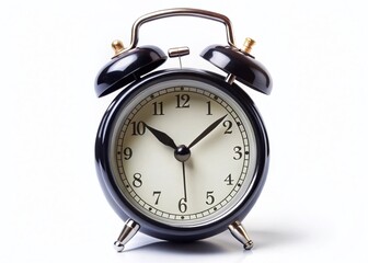 Black Alarm Clock Showing 9 AM, Isolated White Background - Stock Photo