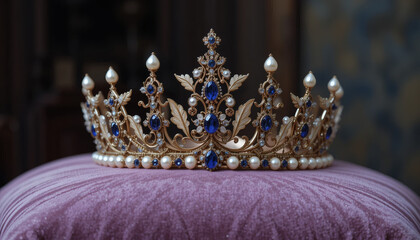 Antique Victorian-style crown adorned with pearls and sapphires, resting on a silk velvet pillow
