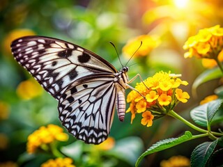Fototapeta premium Black and White Butterfly on Vibrant Yellow Flower, Garden Bloom, High-Definition Stock Photo