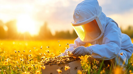 Beekeeper tending to a hive at sunset in a vibrant flower field filled with bees and warm sunlight