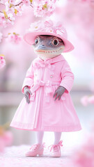 Fototapeta premium Colorful spring celebration featuring a cute lizard dressed in a pink coat and hat surrounded by blooming cherry blossoms