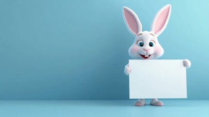 Happy cartoon easter bunny holding a blank banner on a smooth blue background ready for festive announcements