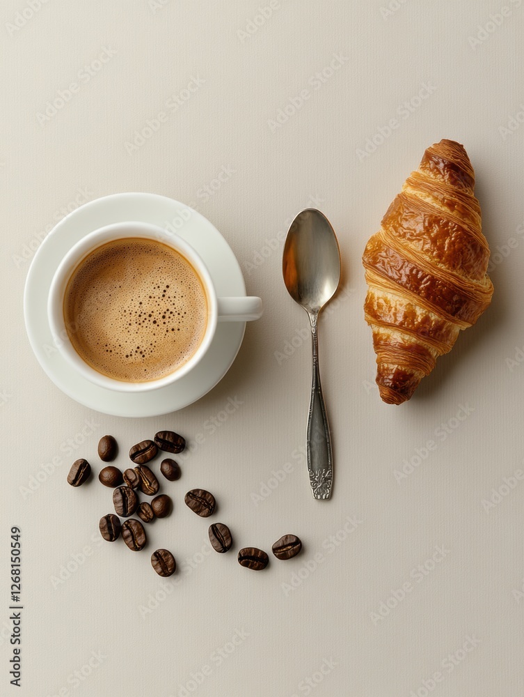 Poster enjoying a warm croissant and espresso coffee with roasted beans on a light surface during morning t