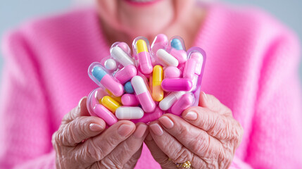 Senior woman holding colorful capsules and pills in her hands, showing the importance of medication management for health at home an elderly woman in a nursing home holds a large mountain of medicine,