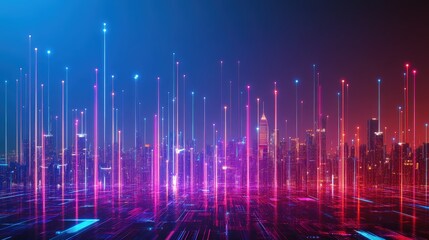 Neon Cityscape Illuminated By Digital Beams Of Light