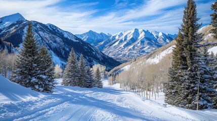 Fototapeta premium Scenic Winter Wonderland: Snow-Covered Mountains and Evergreen Forests