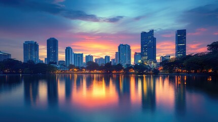 Fototapeta premium Skyscrapers Reflecting in a Calm Lake at Sunset
