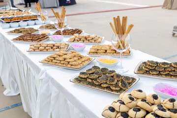 catering wedding buffet with variety of food snacks and appetizers
