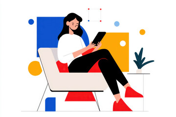 Young woman sitting in armchair holding phone. Education, online learning, remote working, online shopping, digital connection, dating apps