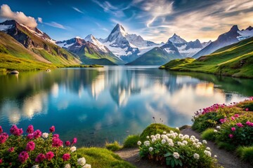 Fototapeta premium Breathtaking Bachalpsee Lake Panorama, Swiss Alps - Snowy Peaks & Grindelwald Valley